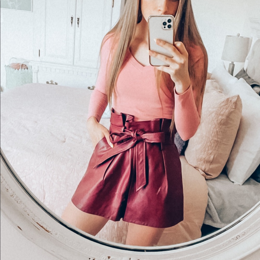 Burgundy Faux Leather Paperbag Shorts
